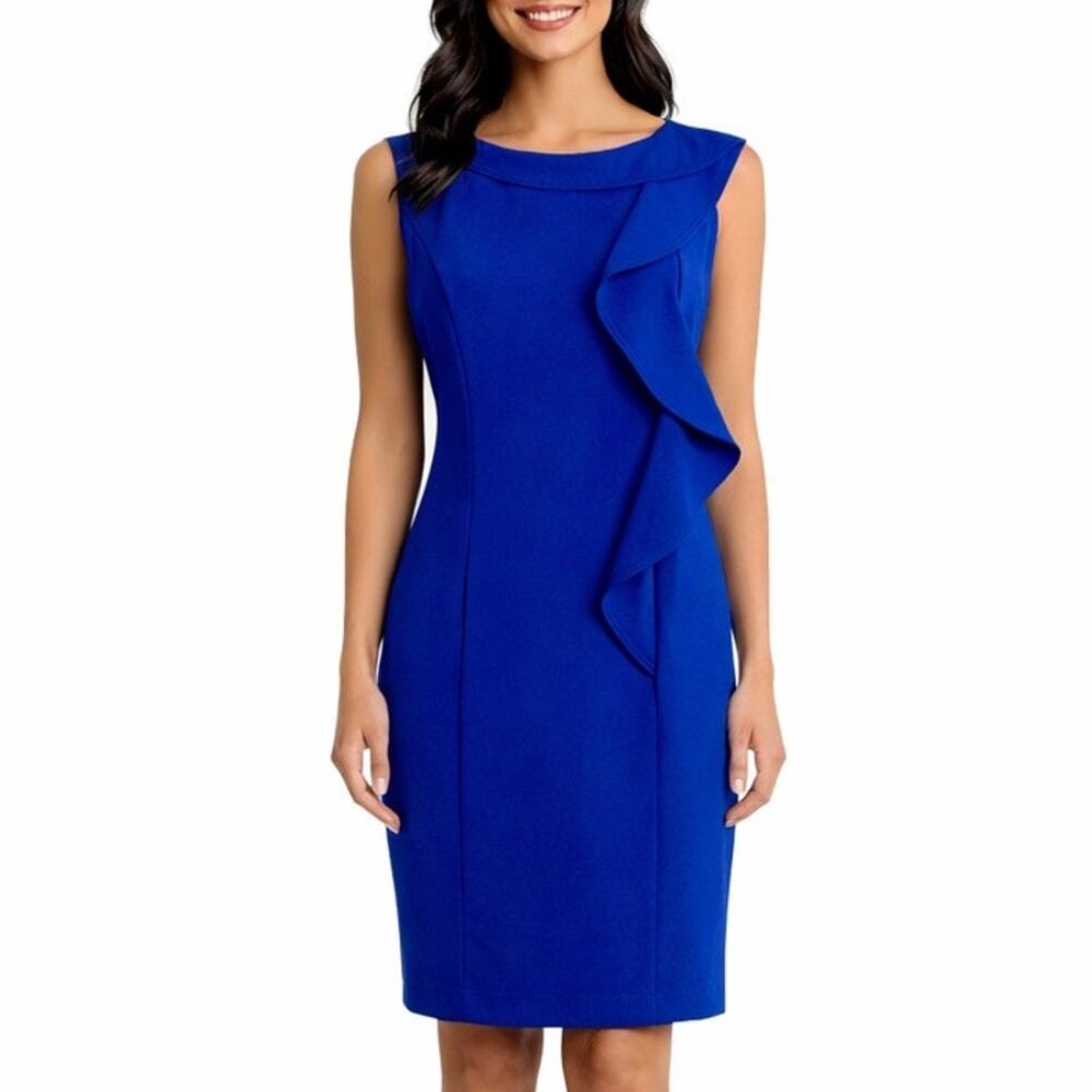 Calvin Klein Royal Blue Sheath Dress Size 8 Ruffle Sleeveless Career Elegant